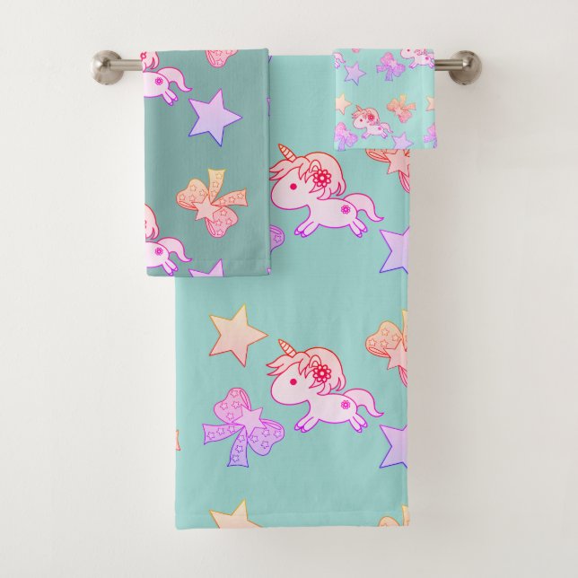 Pretty Unicorn Cosmic Rainbow Star Ribbon Bath Towel Set (Insitu)