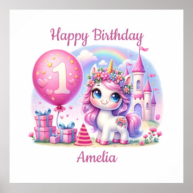 Pretty Unicorn First Birthday Poster (Front)