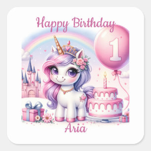 Pretty Unicorn First Birthday with Birthday Cake Square Sticker