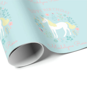 Pretty Unicorn Floral Aqua Personalized Birthday Wrapping Paper