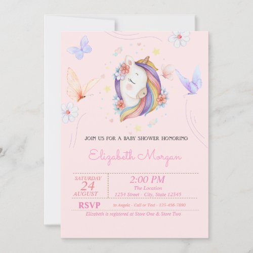 Pretty Unicorn Floral Butterflies Baby Shower Invitation