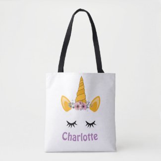 Pretty Unicorn Floral Name Tote Bag Customizable