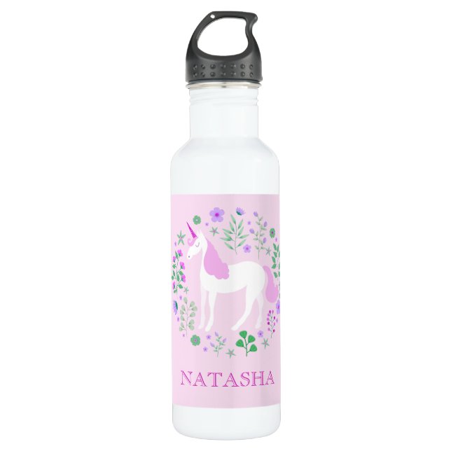 Pretty Unicorn Floral Pink Personalized Stainless Steel Water Bottle (Front)