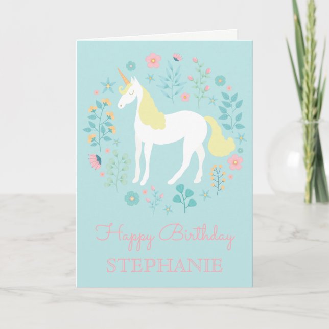 Pretty Unicorn & Flowers Aqua Personalized Card (Front)