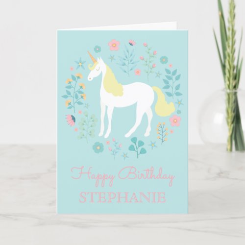 Pretty Unicorn  Flowers Aqua Personalized Card