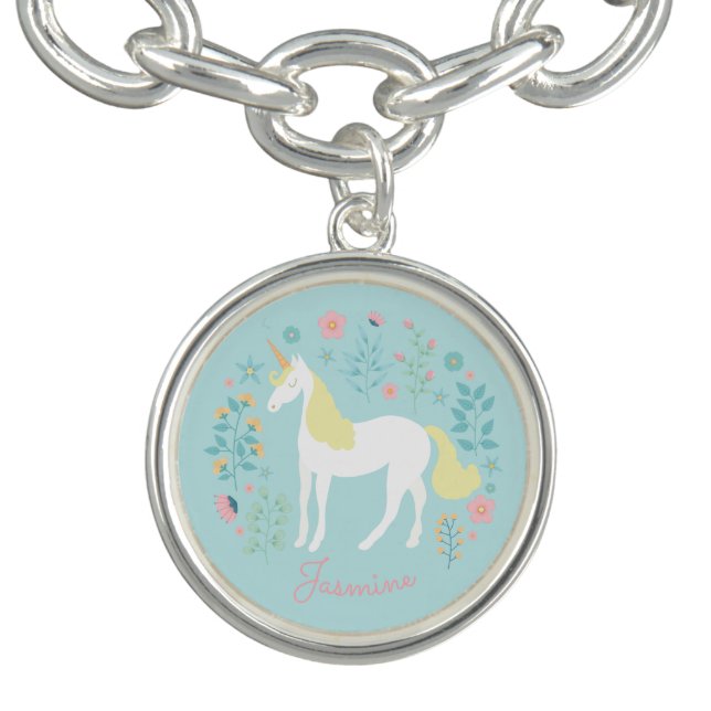 Pretty Unicorn & Flowers Aqua Personalized Charm Bracelet (Design)