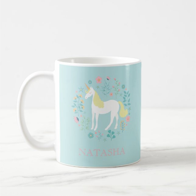 Pretty Unicorn & Flowers Aqua Personalized Coffee Mug (Left)
