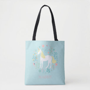 Pretty Unicorn & Flowers Aqua Personalized Tote Bag