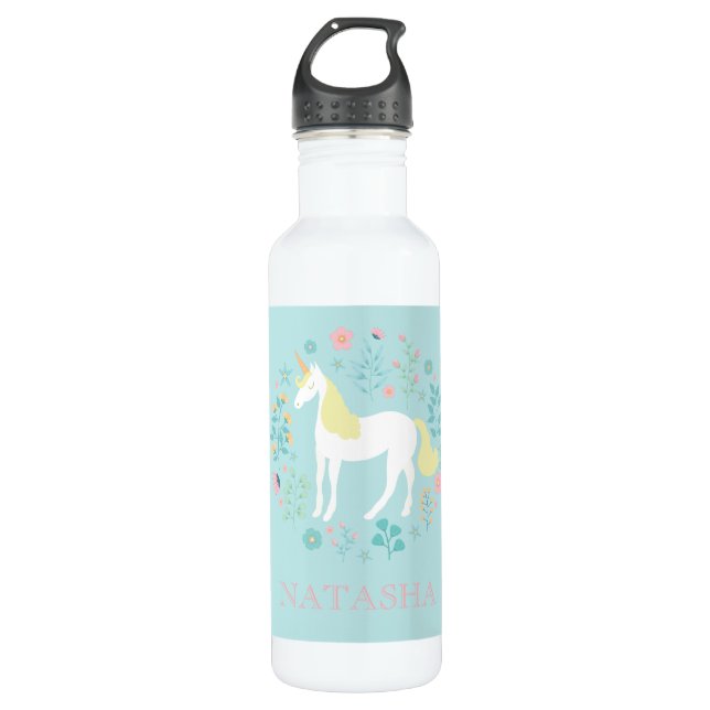 Pretty Unicorn & Flowers Aqua Personalized Water Bottle (Front)