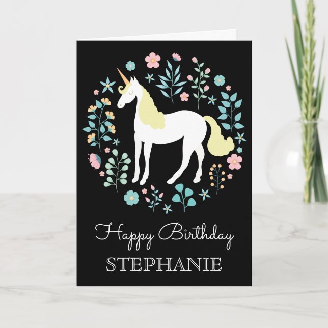 Pretty Unicorn & Flowers Black Personalized Card (Front)