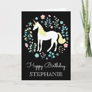 Pretty Unicorn & Flowers Black Personalized Card