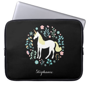 Pretty Unicorn & Flowers Black Personalized Laptop Sleeve