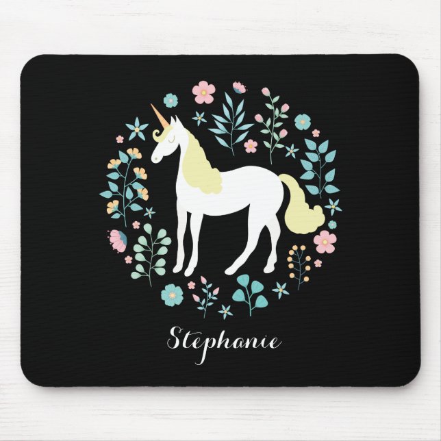 Pretty Unicorn & Flowers Black Personalized Mouse Pad (Front)