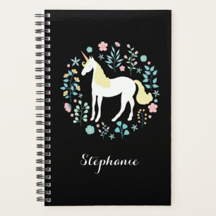 Pretty Unicorn & Flowers Black Personalized Planner