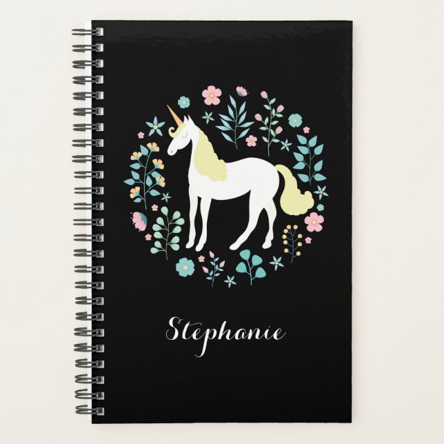 Pretty Unicorn & Flowers Black Personalized Planner (Front)