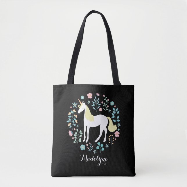 Pretty Unicorn & Flowers Black Personalized Tote Bag (Front)