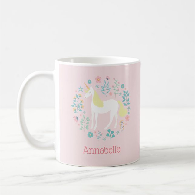 Pretty Unicorn & Flowers Blush Pink Personalized Coffee Mug (Left)