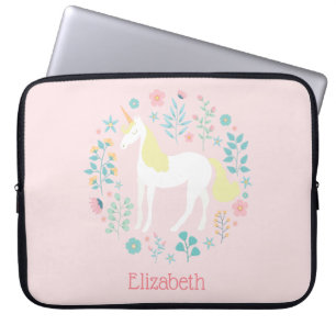 Pretty Unicorn & Flowers Blush Pink Personalized Laptop Sleeve