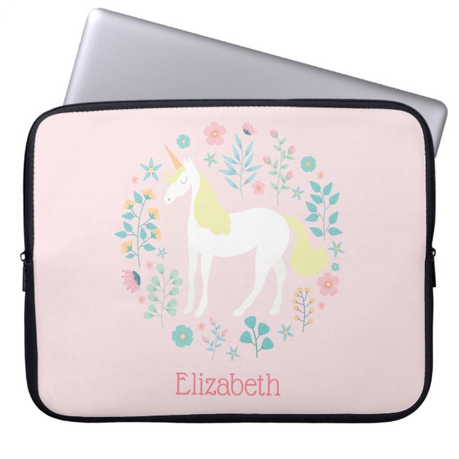 Pretty Unicorn & Flowers Blush Pink Personalized Laptop Sleeve (Front)