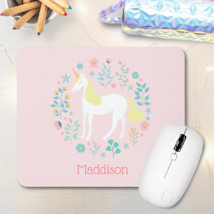 Pretty Unicorn & Flowers Blush Pink Personalized Mouse Pad