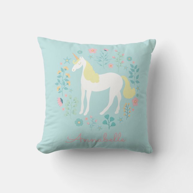 Pretty Unicorn & Flowers Personalized Aqua Throw Pillow (Front)