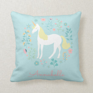 Pretty Unicorn & Flowers Personalized Aqua Throw Pillow