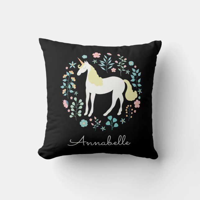 Pretty Unicorn & Flowers Personalized Black Throw Pillow (Front)