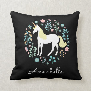 Pretty Unicorn & Flowers Personalized Black Throw Pillow