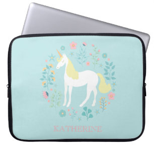 Pretty Unicorn & Flowers Personalized Laptop Sleeve