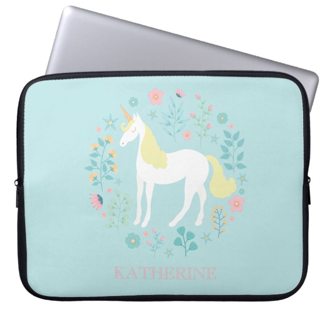 Pretty Unicorn & Flowers Personalized Laptop Sleeve (Front)