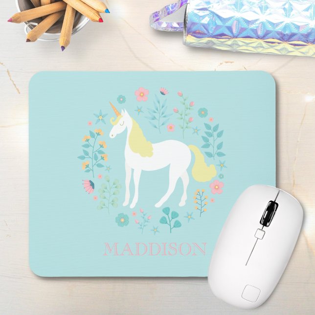 Pretty Unicorn & Flowers Personalized Mouse Pad (Creator Uploaded)