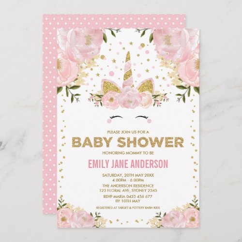 Pretty Unicorn Girl Baby Shower Pink Gold Floral Invitation