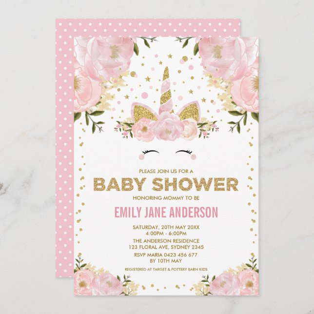 Pretty Unicorn Girl Baby Shower Pink Gold Floral Invitation (Front/Back)