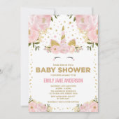 Pretty Unicorn Girl Baby Shower Pink Gold Floral Invitation (Front)