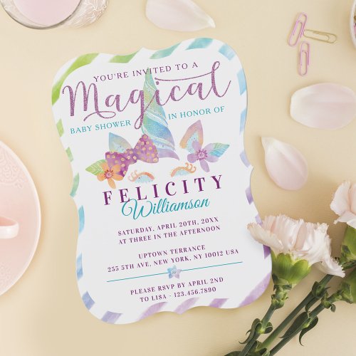 Pretty Unicorn Girl Floral Baby Shower Invitation