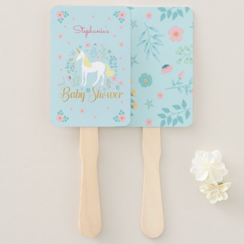 Pretty Unicorn Gold Glitter Baby Shower Hand Fan