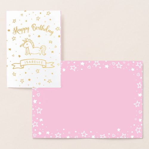 Pretty Unicorn Gold  Pink Happy Birthday _ Name Foil Card