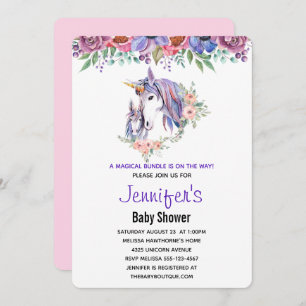 Pretty Unicorn Mom & Baby Watercolor Baby Shower Invitation