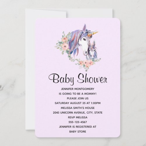 Pretty Unicorn Mom  Baby Watercolor Baby Shower Invitation