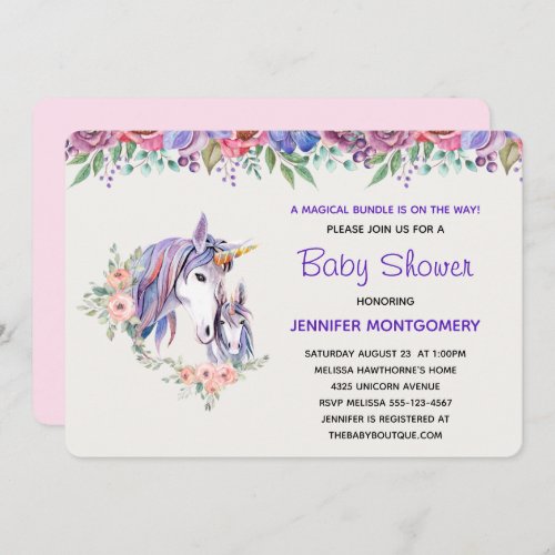 Pretty Unicorn Mom  Baby Watercolor Baby Shower Invitation