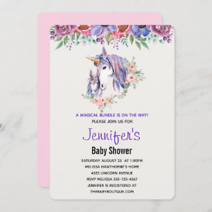 Pretty Unicorn Mom & Baby Watercolor Baby Shower Invitation