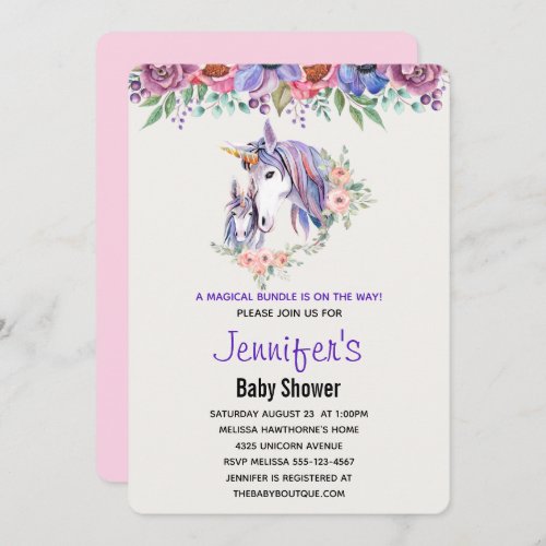 Pretty Unicorn Mom  Baby Watercolor Baby Shower Invitation