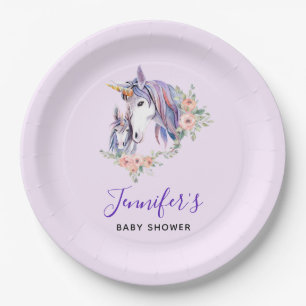 Pretty Unicorn Mom & baby Watercolor Baby Shower Paper Plates