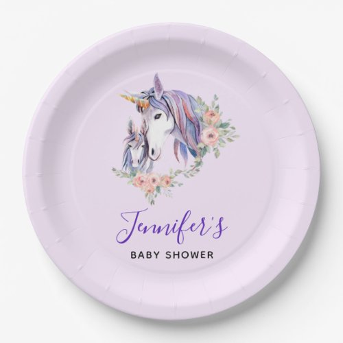 Pretty Unicorn Mom  baby Watercolor Baby Shower Paper Plates