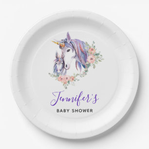 Pretty Unicorn Mom & baby Watercolor Baby Shower Paper Plates