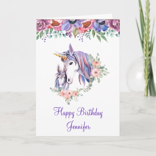 Pretty Unicorn Mom  Baby Watercolor Birthday Card