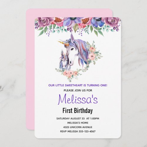 Pretty Unicorn Mom  baby Watercolor Birthday Invitation