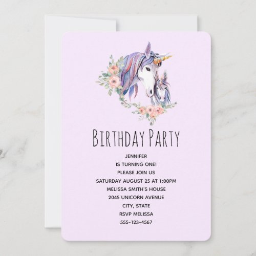 Pretty Unicorn Mom  Baby Watercolor Birthday Invitation