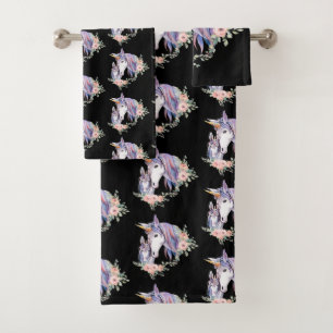 Pretty Unicorn Mom & Baby Watercolor Floral Bath Towel Set
