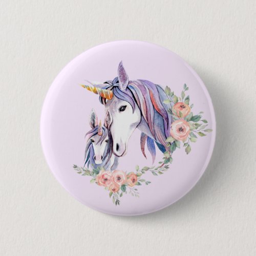 Pretty Unicorn Mom  Baby Watercolor Floral Button